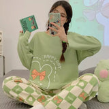 GETADME Autumn and Winter Models of Women's Long-Sleeved Pajamas Homewear Suit Korean Version of the Simple Leisure Pajamas Homewear