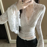 GETADME See Through Sexy T-Shirts Fashion Women Flare Long Sleeve Spring Summer Lace Beauty Crop Tops Casual Streetwear V-Neck Chic Tees
