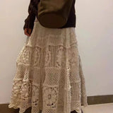 GETADME 2025 Crochet Long Semi Skirt Women Lace Version of Gentle Heavy Industry Retro Hollow Design Elastic Knitted  A-shaped