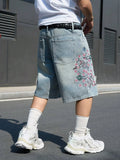 GETADME Men's Light Blue Cherry Blossom Embroidered Denim Shorts, Loose Wide-Leg Streetwear Trendy Denim Capris