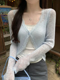 GETADME Lace Trim One Button Long Sleeve Crop Top Women Short Sleeve Open Front Ribbed Knit Cardigan Sweater Summer Fairycore Outfit