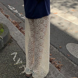 GETADME Vintage Women Wide Leg Pants Casual Loose Sheer Lace High Waist Trousers for Work Office Y2K Aesthetic Streetwear