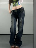 GETADME Embroidered Women Jeans Y2K Millennium Harajuku Slim Flared Jeans American Fashion High Street Large Size Butterfly