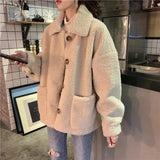 Teddy Fleece Cropped Jackets Women Korean Fashion Vintage Harajuku Sweet Soft Girl Lambs Wool Coat Baggy Winter Loose