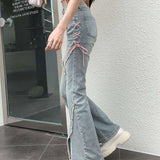 Getadme-American Split Jeans Women Pink Bandage High Waist Irregular Spliced Denim Pants Zipper Fly Trousers Y2k Pantalon Femme