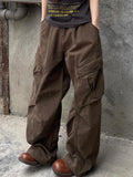 GETADME American Retro Casual Harajuku Jeans Women Mutil Pockets Vintage Aesthetic Denim Pants Y2K Wide Leg Punk Baggy Brown Trousers