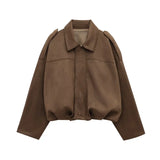 GETADME Vintage Suede Zipper Jacket Women Casual Oversized Lapel Green Long Sleeve Bomber Coats 2025 Spring Street Chic Outerwear Tops