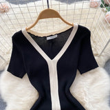 Getadme-Vintage Elegant Short Sleeve Stretch Knit Slim Dress French Fashion Casual Vestidos A-line Basic Autumn Winter Sweater Dresses