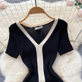 Getadme-Vintage Elegant Short Sleeve Stretch Knit Slim Dress French Fashion Casual Vestidos A-line Basic Autumn Winter Sweater Dresses