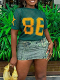GETADME Y2K 90s Streetwear Letter Number Star Pattern Short Sleeve Knit Top With Hollow-Out Design, School, Football Style O-Neck