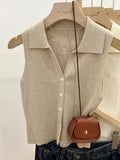 GETADME Solid Color Knitted for Women Cardigan Korean Single Breasted Sleeveless Jumper Woman Round Neck All Match Cardigans Outwear