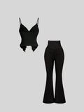 GETADME New women's solid color V-neck suspender set, casual short sleeved crop top and flared pants for spring, summer, and autumn