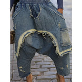 GETADME Women Jeans Harem Pants Hip Hop Punk Denim Pant Hole Elastic Waist Washed Distressed Pockets Streetwear 2025 Ripped Trousers