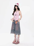 GETADME Women High Waist Cute Cartoon Cat Embroidery Jeans Girls Vintage Y2k Clothes Calf Length Denim Pants Harajuku Blue Streetwear