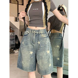 GETADME American Style Vintage Women's Short Jeans High Waisted Washed Wide Leg Denim Pants Woman Fashion Do Old Star Knee Length Shorts