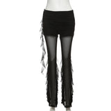GETADME Sylcue Sexy See Through Long Pant Women High Waist Irregular Patchwork Ruched Ruffles Ribbons Versatile Style Elegant Bottoms