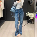 GETADME American high street breasted design straight jeans women's autumn and winter new high waist design fashion loose slim pants.