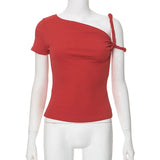 GETADME Women T Shirt Asymmetrial Twist Up Short Sleeve Solid Skew Collar Female Tops Tee Summer 2025 Sexy Slim Streetwear Clothes