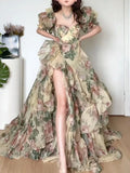 Getadme Ruffles Floral Long Fairy Dresses Women Summer Elegant Party Sweet Princess Dress Female Fashion Korean Split Dress Casual