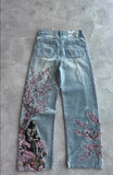 GETADME Men Women Cherry Blossom Knight All Embroidery Denim Pants Y2k Vintage Baggy Street Straight Jeans High Waisted Washed Blue Jean