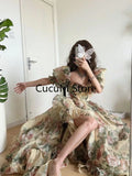 GETADME Evening Party Dress 2025 Summer Short Puff Sleeve Khaki  Print Organza Women Floor-Length Overlength Princess Long Dress Female