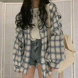 Getadme-Rimocy Women's Plaid Oversize Shirt Spring Summer Lantern Sleeve Vintage Blouse Women Thin Button Up Loose Check Shirt Female