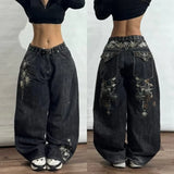 GETADME Gothic New American Fashion Geometric Embroidery Washed Baggy Jeans Women Y2K Harajuku Hip Hop Popular High Waist Wide Leg Pants