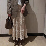 GETADME 2025 Crochet Long Semi Skirt Women Lace Version of Gentle Heavy Industry Retro Hollow Design Elastic Knitted  A-shaped