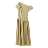 GETADME 우아한 롱 드레스 여성 캐주얼 스큐 칼라 슬림 봄 여름 플리츠 A라인 로브 레이디 패션 하이웨이스트 솔리드 여성 드레스