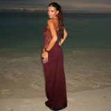 GETADME 메시 시스루 Y2K 레이스 맥시 롱 비치 드레스 할로우 아웃 아웃핏 여성 여름 민소매 백리스 바디콘 드레스 스트리트웨어