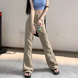 GETADME 여성 하이웨이스트 패션 루즈 플레어 청바지 여성 아메리칸 캐주얼 벨보텀 팬츠 여아 디자이너 카키 데님 카고 팬츠