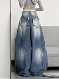 GETADME American high street floor embroidered denim retro women's autumn new high waisted loose wide leg pants Y2K straight leg pants