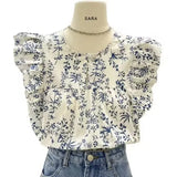 GETADME French Floral Short Sleeve Women's Shirt Summer Ruffle Hem Doll Shirt Chiffon Short Style Flying Sleeve Top