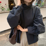 GETADME 코리아 짧은 아우터웨어 여성 캐주얼 루즈핏 레이지 시크 롱슬리브 코튼 블렌드 윈드브레이커 코트 얇은 텐치 