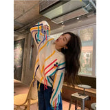 Getadme-Colorful Striped Oversize Lazy and Trendy Sweaters for Women in Autumn and Winter Tassel Knit Design Loose Fitting Couple Top