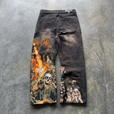 GETADME Y2K Vintage Skull Flame Graphic embroidery Baggy Jeans Men Harajuku Goth Streetwear Washed Denim Pants Grunge Wide Leg Trousers
