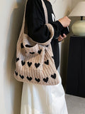 Getadme-Fashionable Valentine's Day Solid Color Knitted Material with Heart shaped Decoration Open Top Women's One Shoulder Tote Bag