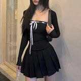 GETADME Rockmore Black Lace Up Square Collar Dresses Fashion Women Balletcore Aesthetic Bodycon Long Sleeve Mini Dress Korean Style