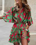 GETADME Women's Sport Dress V-Neck Loose Batwing Sleeve Elastic Waist Printed Dress Mini Casual Ruffle Hem Dresses