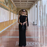 GETADME WhereMery 섹시 솔리드 O넥 슬리브리스 드레스 여름 슬림핏 롱 드레스 이브닝 클럽 이브닝 드레스 여성 의류