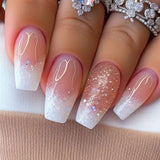 GETADME 24Pcs Short Square Coffin False Nails Square Fake Nails with Glue French Glitter Wearable Acrylic Nails Set Press on Nail Tips