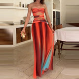 GETADME 레이디 캐주얼 스트랩리스 플리츠 드레스 여름 오프숄더 홀로우 홀리데이 롱 드레스 패션 슬리브리스 쉬폰 프린트 비치 드레스