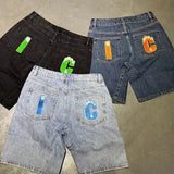 GETADME Summer original color washed flying dog print denim shorts beach trend loose fashion couple quarter pants straight casual pants