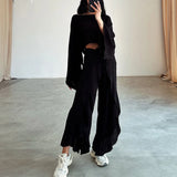 GETADME Spring Casual Solid Cotton Linen Suit Summer O Neck Crop Top+Lace-up Ruffle Pants Outfit Sets for Women Flare Sleeve Hollow 2pcs
