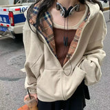 GETADME Brown Zip Up Hoodie Women 2025 Autumn Lattice stitching Long Sleeve Casual Oversized Sweatshirt Solid Jacket Women Clothing