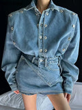 Getadme Spring Fashion Ladies 2 Pieces Set Long Sleeve Double Breasted Jean Jackets & Mini Shorts Skirt Vintage Women Denim Set