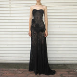 GETADME Summer Lace Strapless 3D Flowers Appliques Long Sleeveless Prom Club Dress See Through Sexy Solid Sheath Dress Vestidos