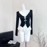 GETADME 가을 여성 한국식 코켓 갸루 디자인 Y2K 투피스 세트 티셔츠 긴팔 티셔츠 발레 코어 크롭 탑 2000년대 미학 K팝