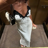 GETADME 툴라로즈 레이스 스파게티 스트랩 롱 드레스 여성용 우아한 레트로 V넥 폴카 도트 슬리브리스 드레스 여름 패치워크 파티 드레스