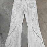 GETADME American retro printed wing patch women jeans punk style slim fit men and women bell bottoms floor mopping pants
